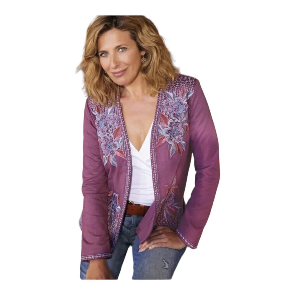 Soft Surroundings Playa Embroidered Jacket Dark Berry‎ Purple Sm Cotton Cardigan